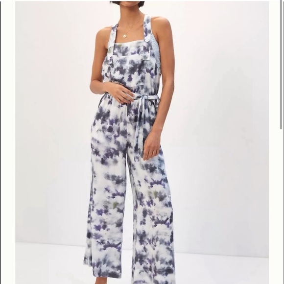 cloth & stone Denim - New Anthropologie Cloth & Stone Blue Gray Shibori Tie Dye Overalls Jumpsuit M